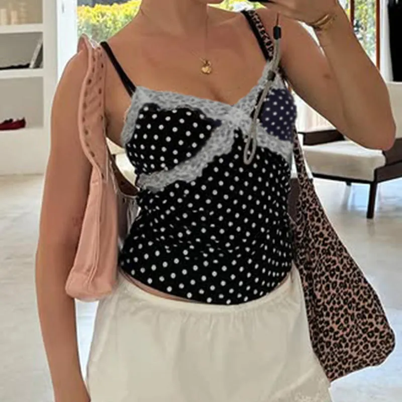 Chic Polka Dot Lace-Trimmed V-Neck Camisole for Effortless Elegance