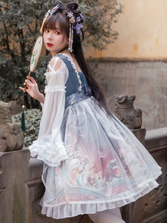 Chinese Lolita OP Dress Red Sleeveless Ruffles Lace Polyester Sweet Lolita One Piece Skirts