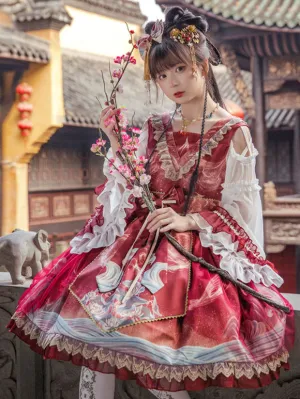 Chinese Lolita OP Dress Red Sleeveless Ruffles Lace Polyester Sweet Lolita One Piece Skirts