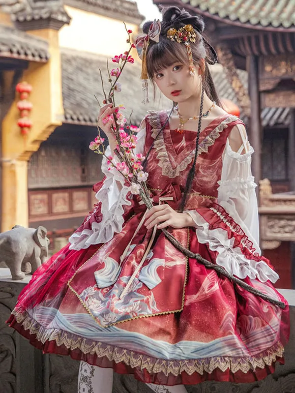 Chinese Lolita OP Dress Red Sleeveless Ruffles Lace Polyester Sweet Lolita One Piece Skirts