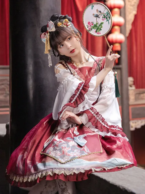 Chinese Lolita OP Dress Red Sleeveless Ruffles Lace Polyester Sweet Lolita One Piece Skirts
