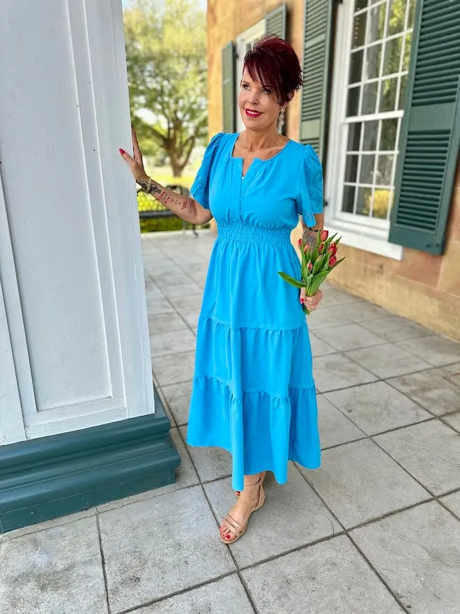 Cinched Waist Maxi Dress with Embroidered Short Puff Sleeves