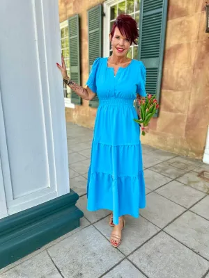 Cinched Waist Maxi Dress with Embroidered Short Puff Sleeves