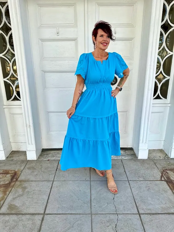 Cinched Waist Maxi Dress with Embroidered Short Puff Sleeves