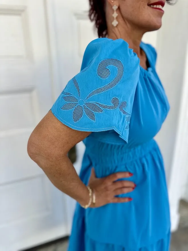 Cinched Waist Maxi Dress with Embroidered Short Puff Sleeves