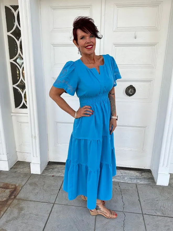 Cinched Waist Maxi Dress with Embroidered Short Puff Sleeves