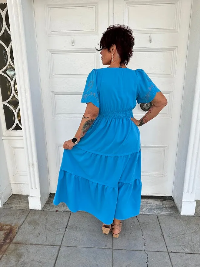 Cinched Waist Maxi Dress with Embroidered Short Puff Sleeves