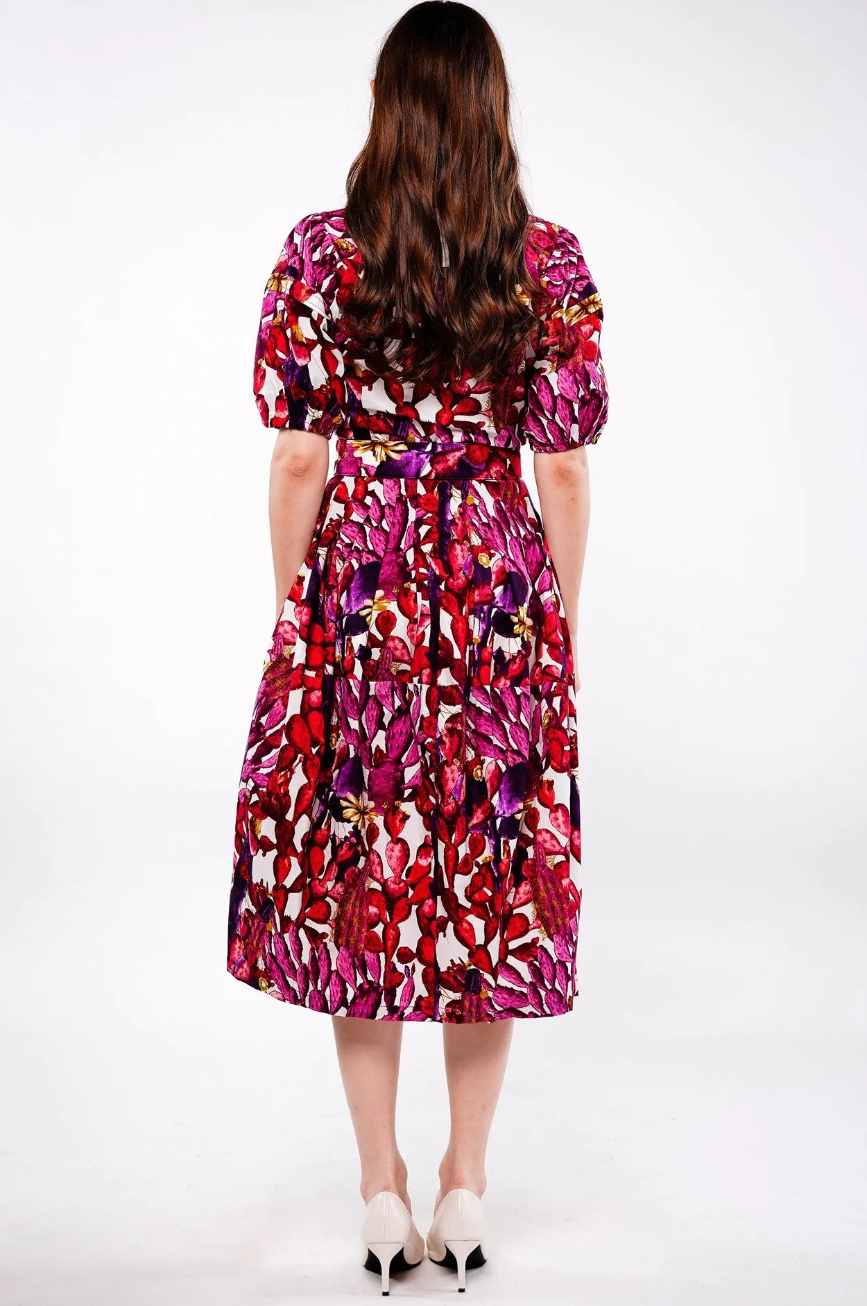 Claire Dress Shirt Collar 1/2 Puff Sleeve Long Length Cotton Stretch (Cactus Paradise Bright)