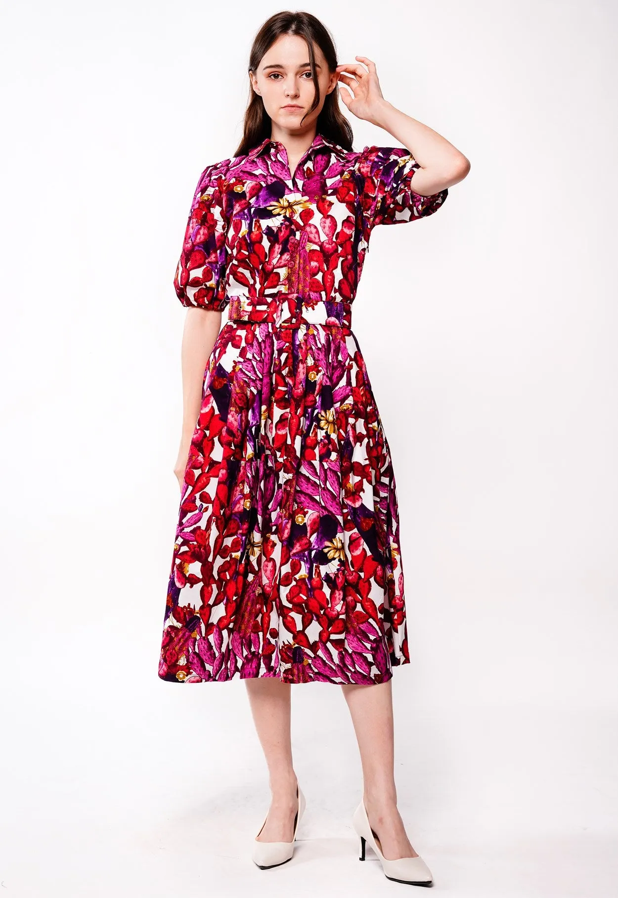 Claire Dress Shirt Collar 1/2 Puff Sleeve Long Length Cotton Stretch (Cactus Paradise Bright)