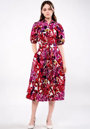 Claire Dress Shirt Collar 1/2 Puff Sleeve Long Length Cotton Stretch (Cactus Paradise Bright)