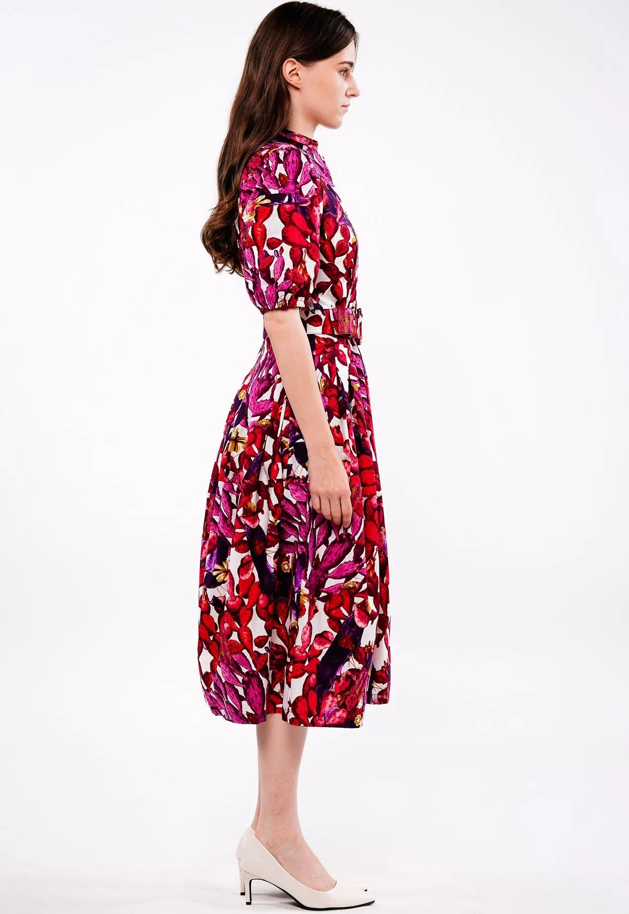 Claire Dress Shirt Collar 1/2 Puff Sleeve Long Length Cotton Stretch (Cactus Paradise Bright)