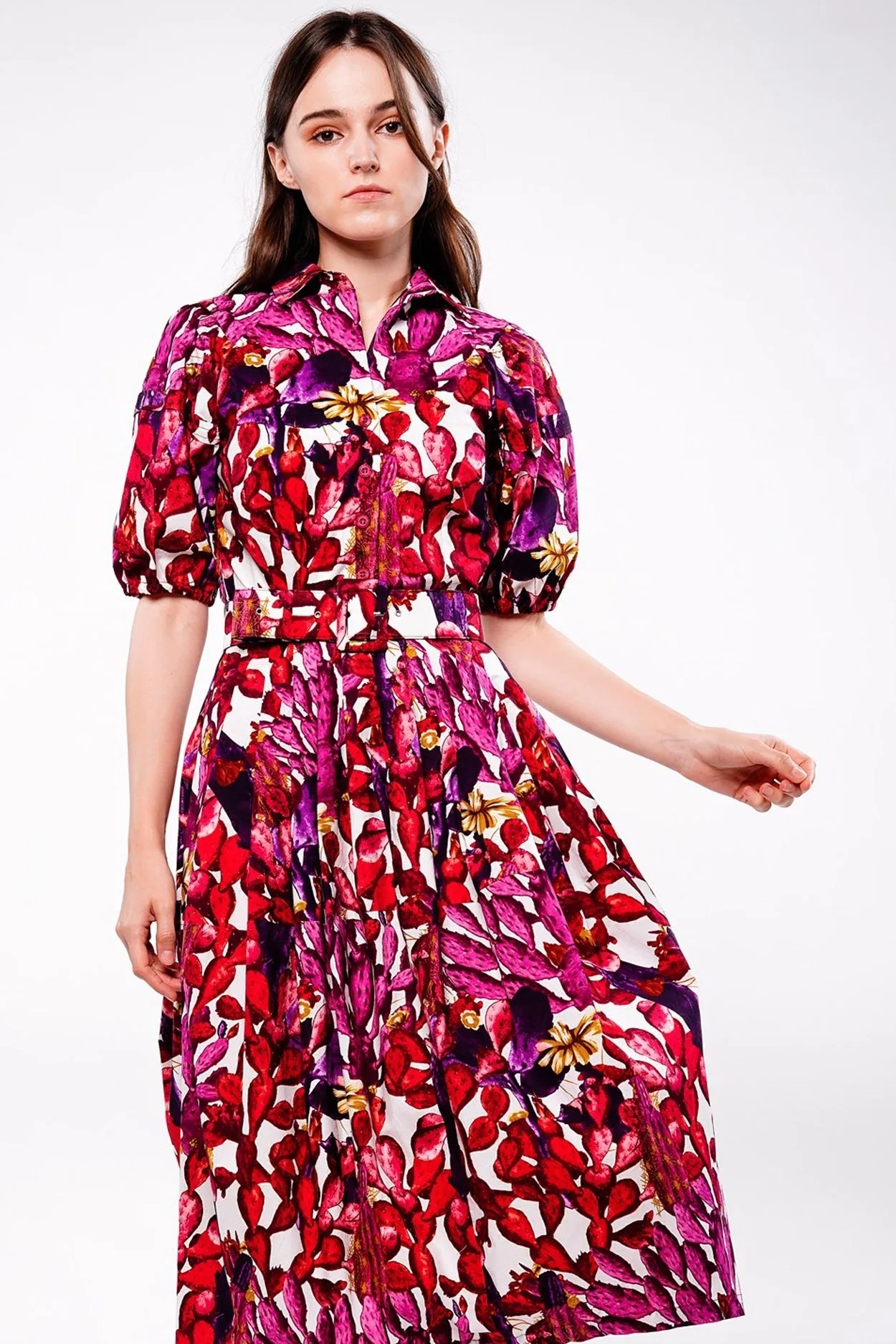 Claire Dress Shirt Collar 1/2 Puff Sleeve Long Length Cotton Stretch (Cactus Paradise Bright)