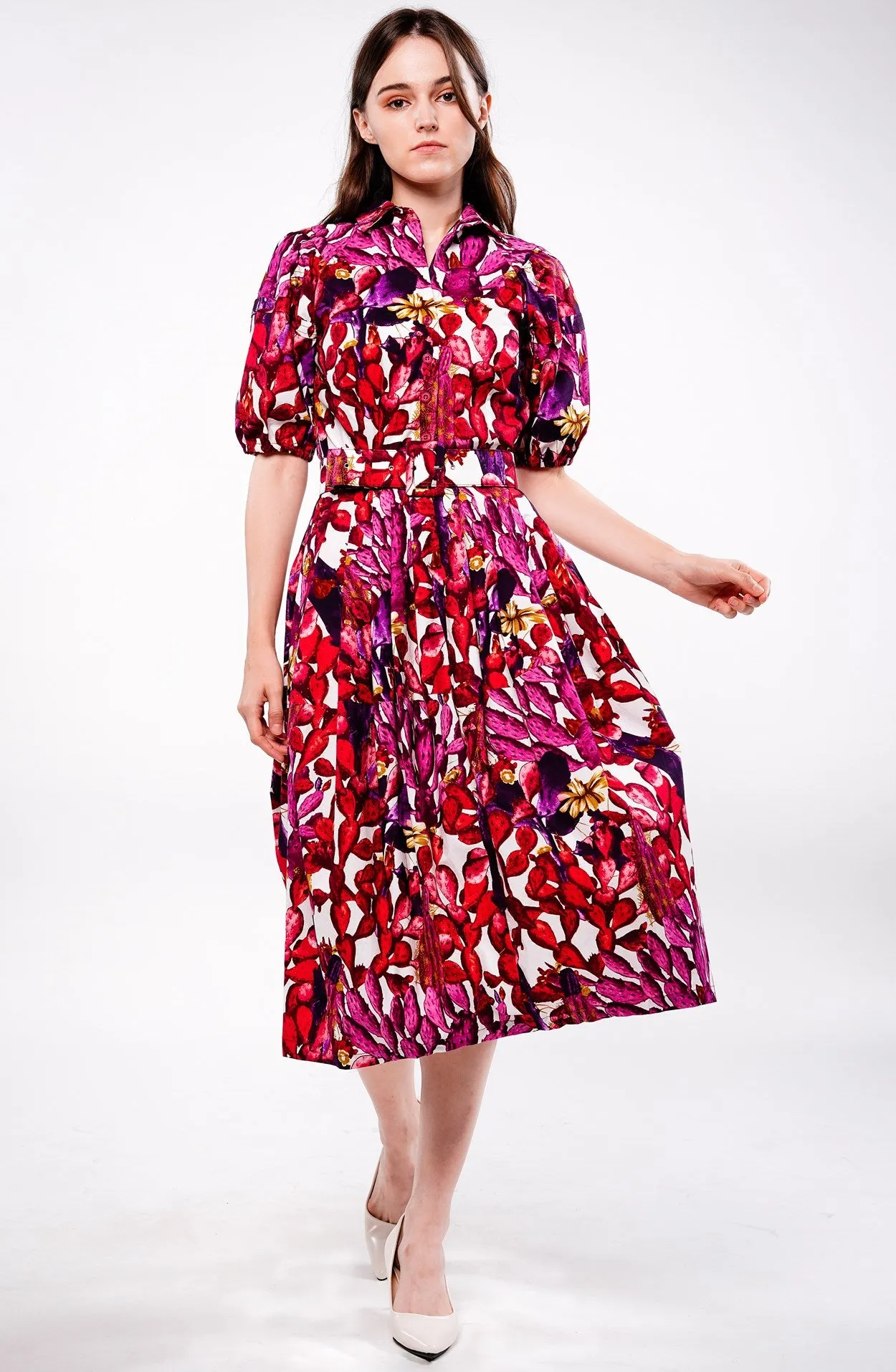 Claire Dress Shirt Collar 1/2 Puff Sleeve Long Length Cotton Stretch (Cactus Paradise Bright)