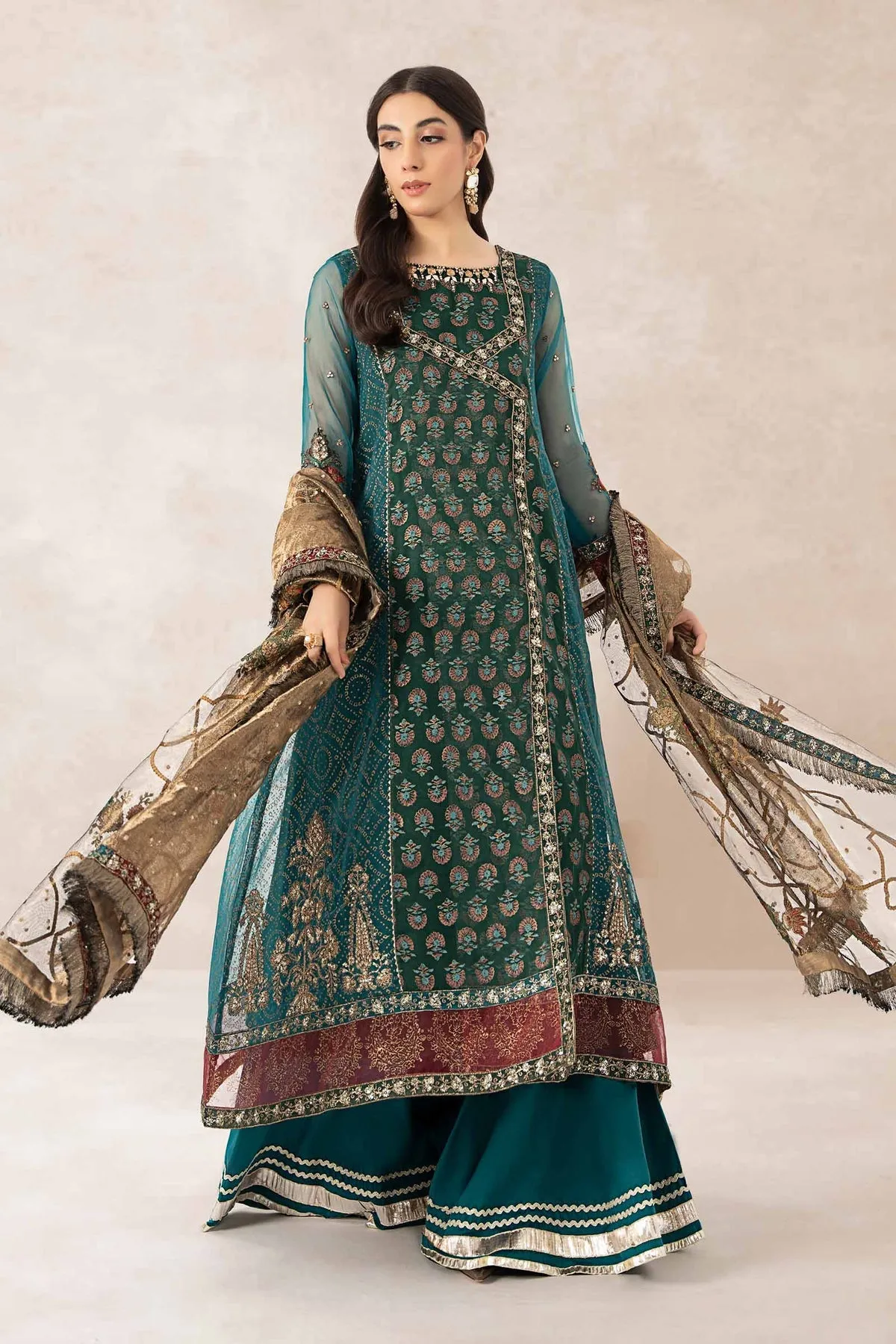 Classic Teal Blue Embroidered Pakistani Party Wear Anghrakha Frock