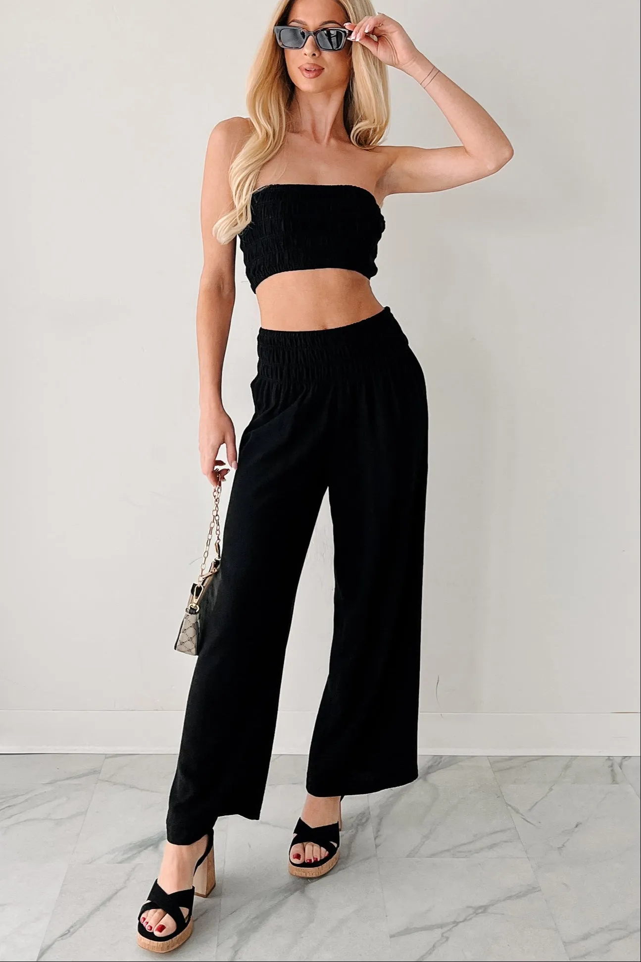 Comfy Moments Linen Tube Top & Pant Set (Black)