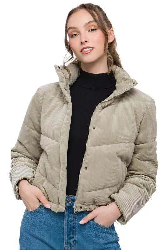Corduroy Puffer Jacket with Toggle Detail