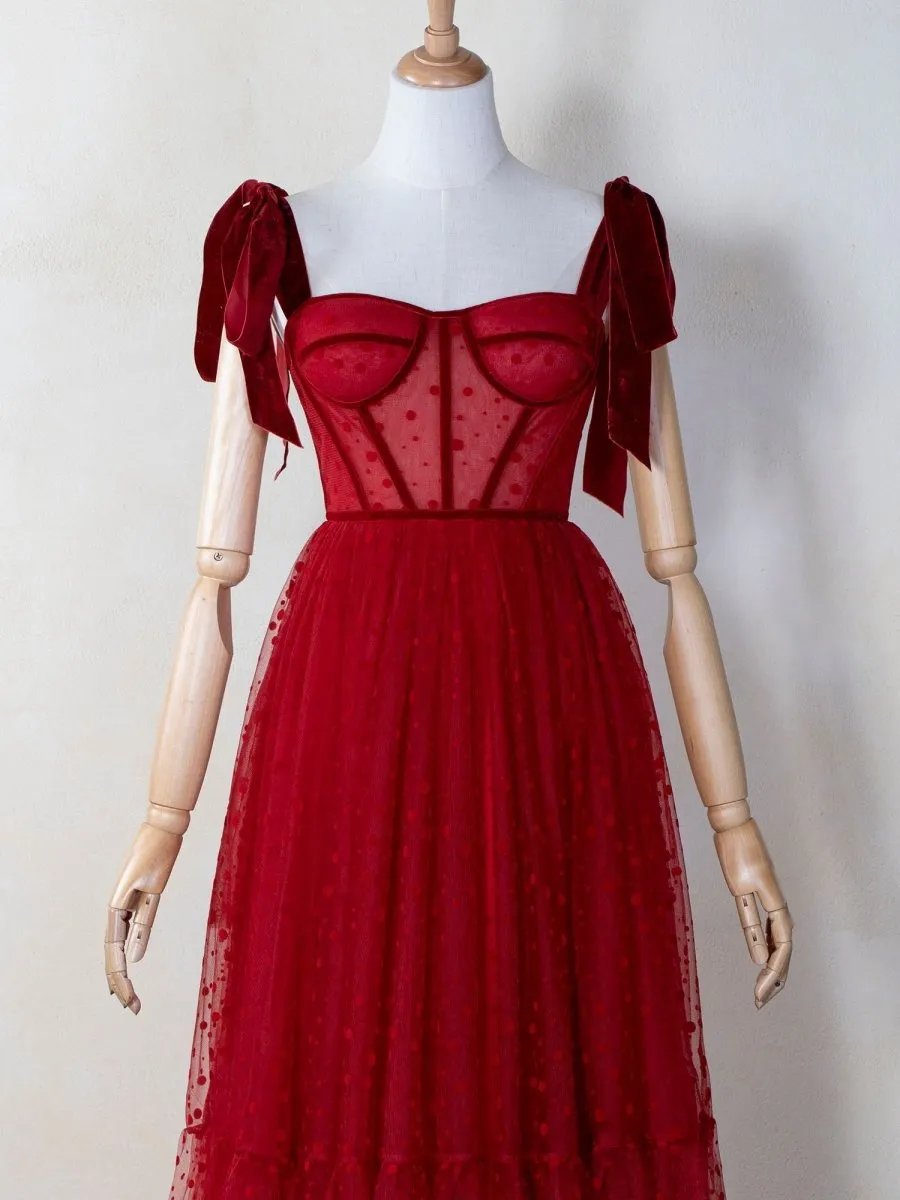 Corset Dotted Tulle Maxi Length Prom Dresses
