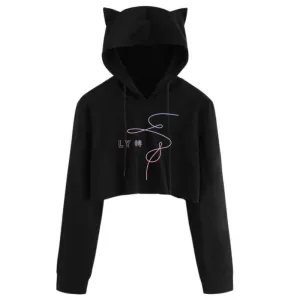 Cosy Cat ear print drawstring Long Sleeve Cropped Hoodies Sweatshirt Women Cat Hooded Pullover Crop Tops Clothes harajuku