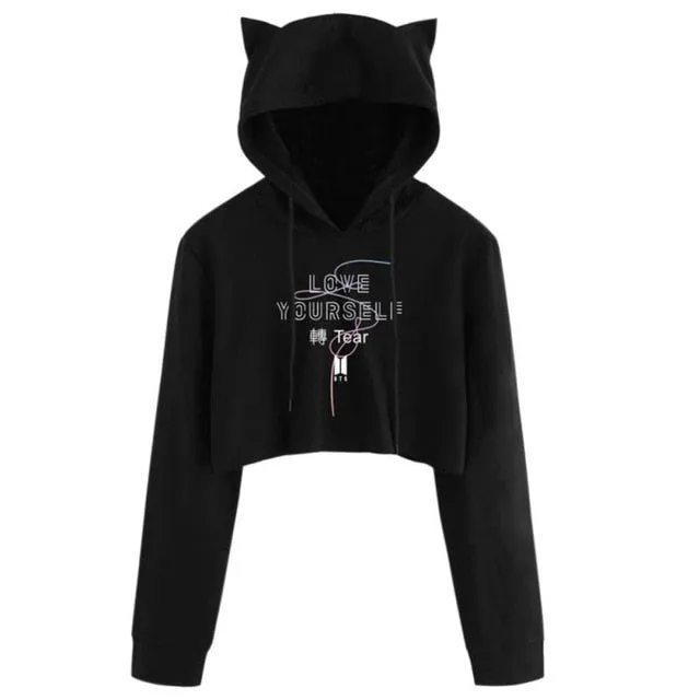 Cosy Cat ear print drawstring Long Sleeve Cropped Hoodies Sweatshirt Women Cat Hooded Pullover Crop Tops Clothes harajuku