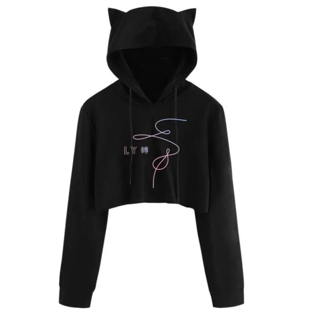 Cosy Cat ear print drawstring Long Sleeve Cropped Hoodies Sweatshirt Women Cat Hooded Pullover Crop Tops Clothes harajuku