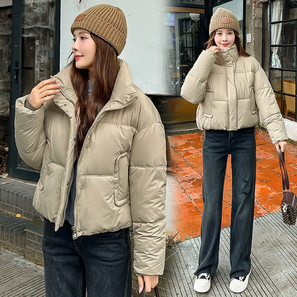 Cozy Windproof Padded Puffer Jacket with Zip-up Design for Women