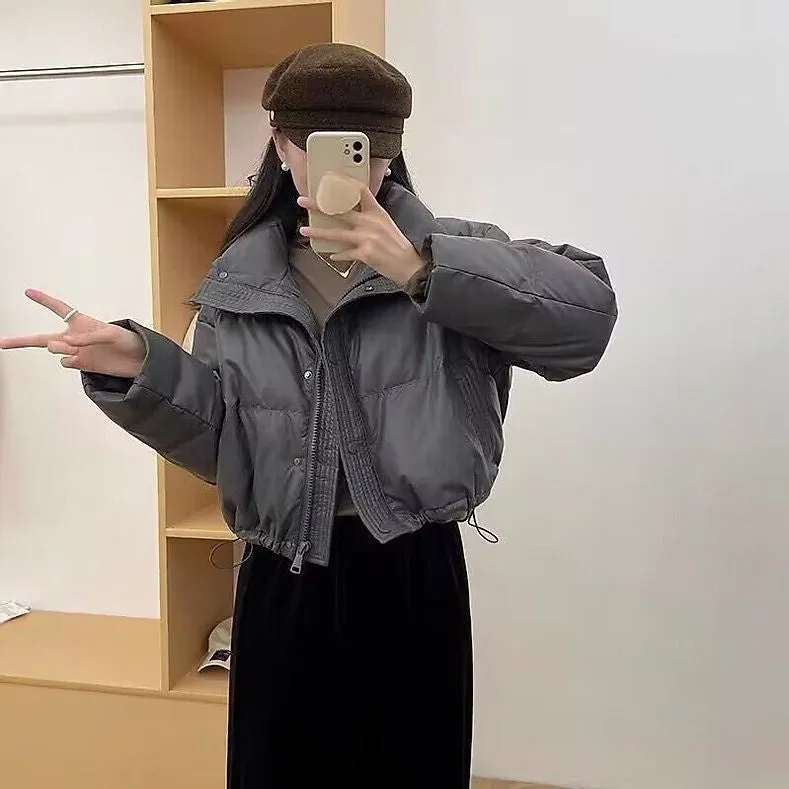 Cropped Solid Color Puffer Jacket with Elastic Band Cuff