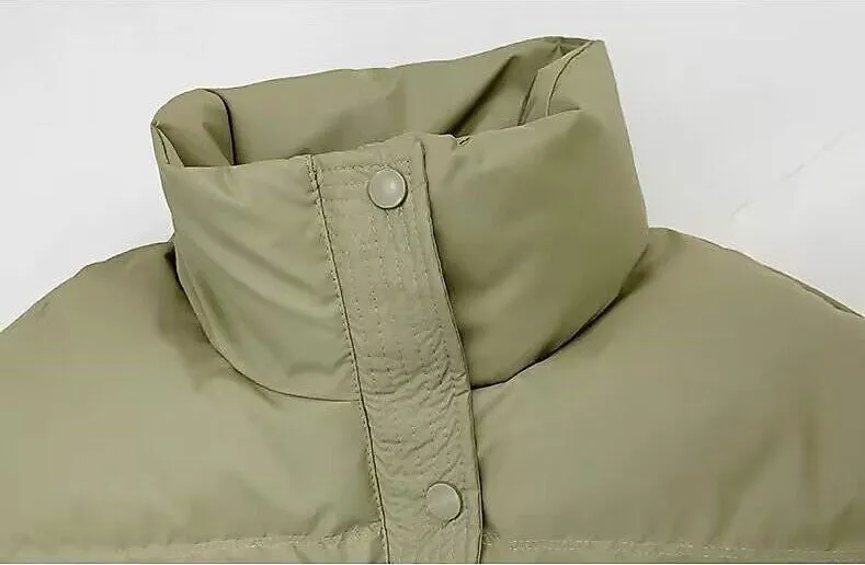 Cropped Solid Color Puffer Jacket with Elastic Band Cuff