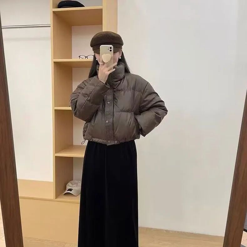 Cropped Solid Color Puffer Jacket with Elastic Band Cuff