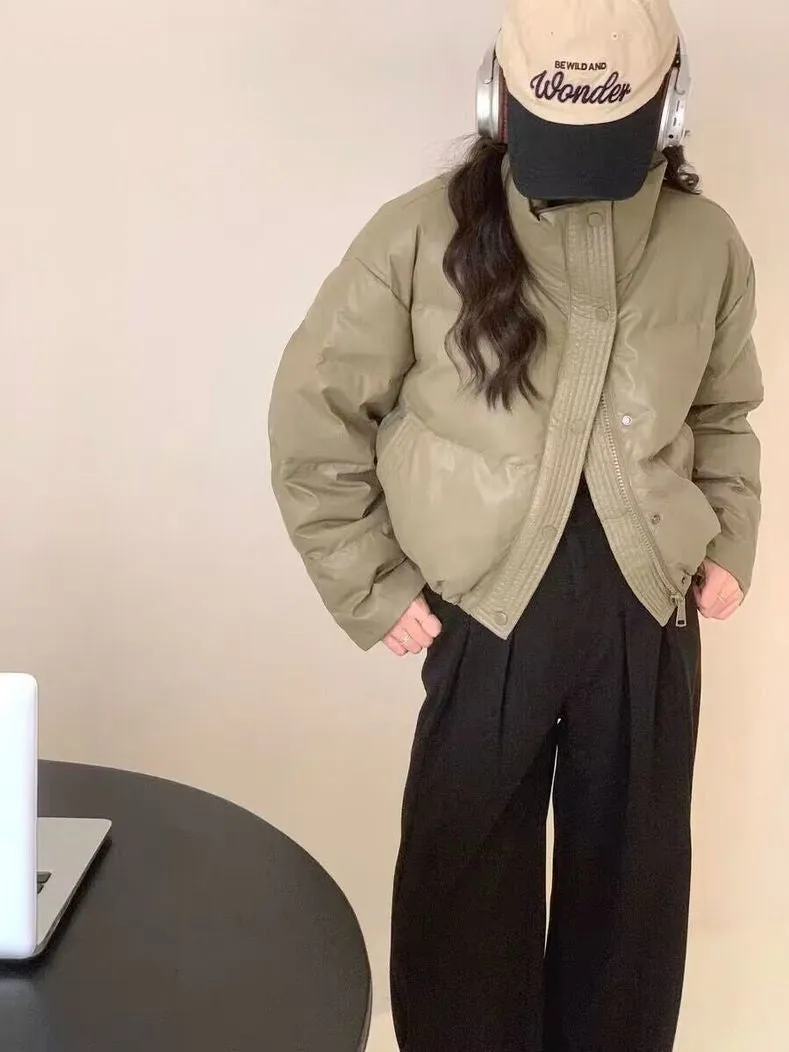 Cropped Solid Color Puffer Jacket with Elastic Band Cuff