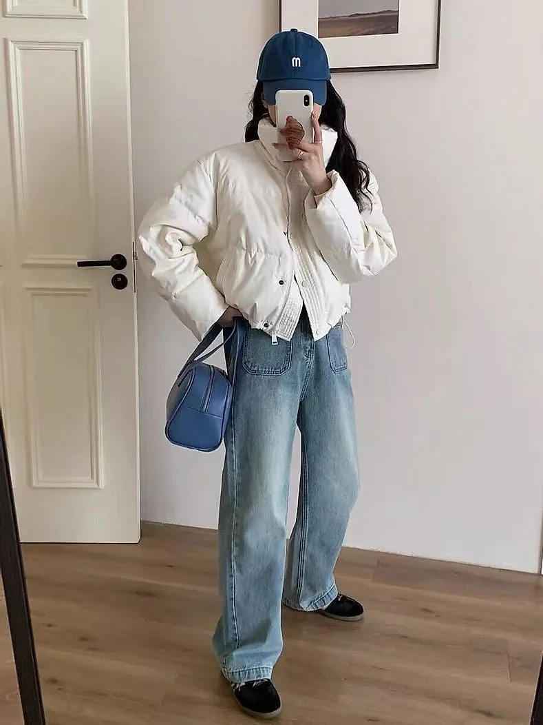 Cropped Solid Color Puffer Jacket with Elastic Band Cuff
