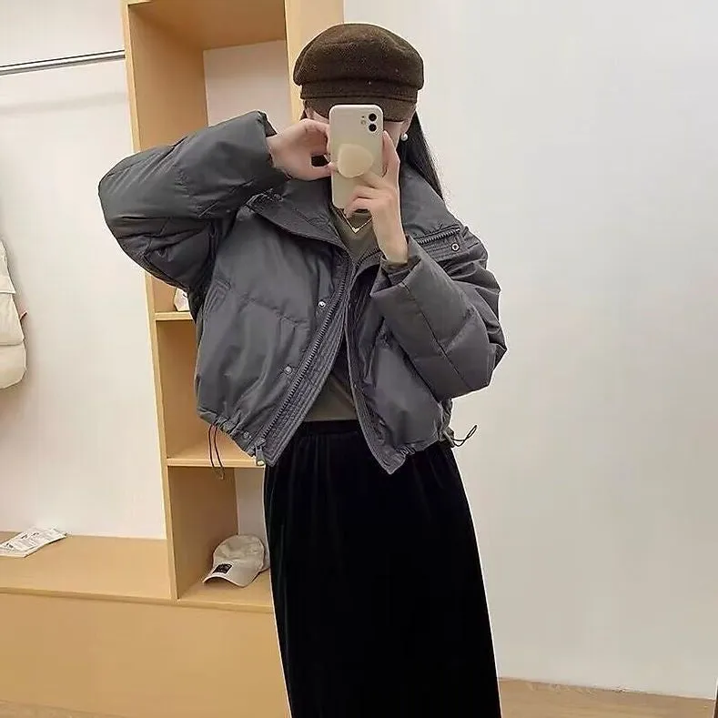 Cropped Solid Color Puffer Jacket with Elastic Band Cuff