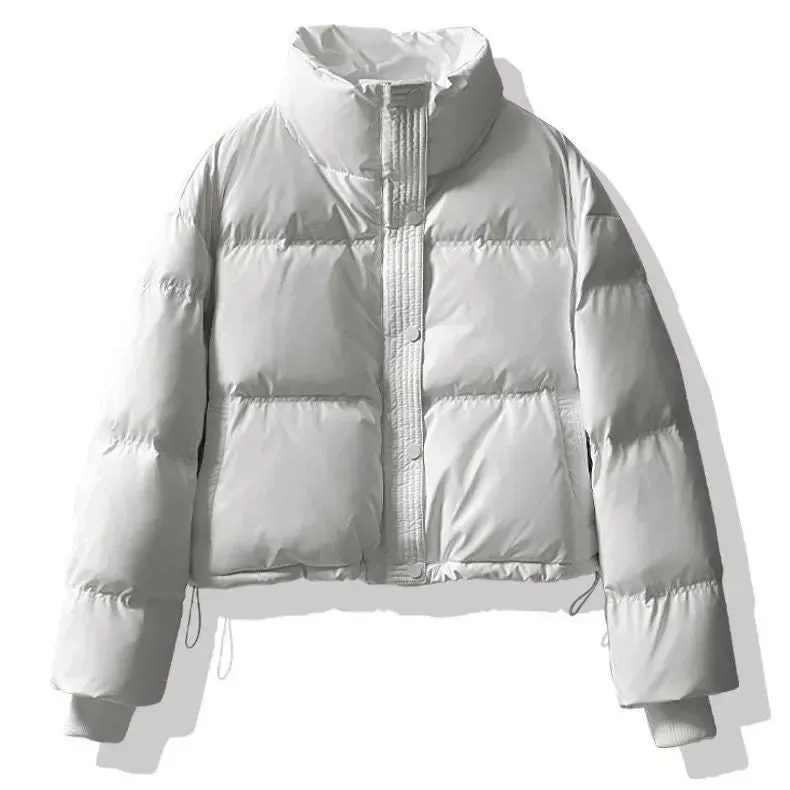 Cropped Solid Color Puffer Jacket with Elastic Band Cuff