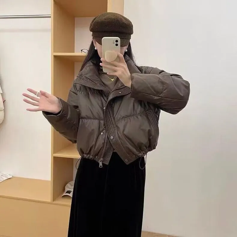 Cropped Solid Color Puffer Jacket with Elastic Band Cuff