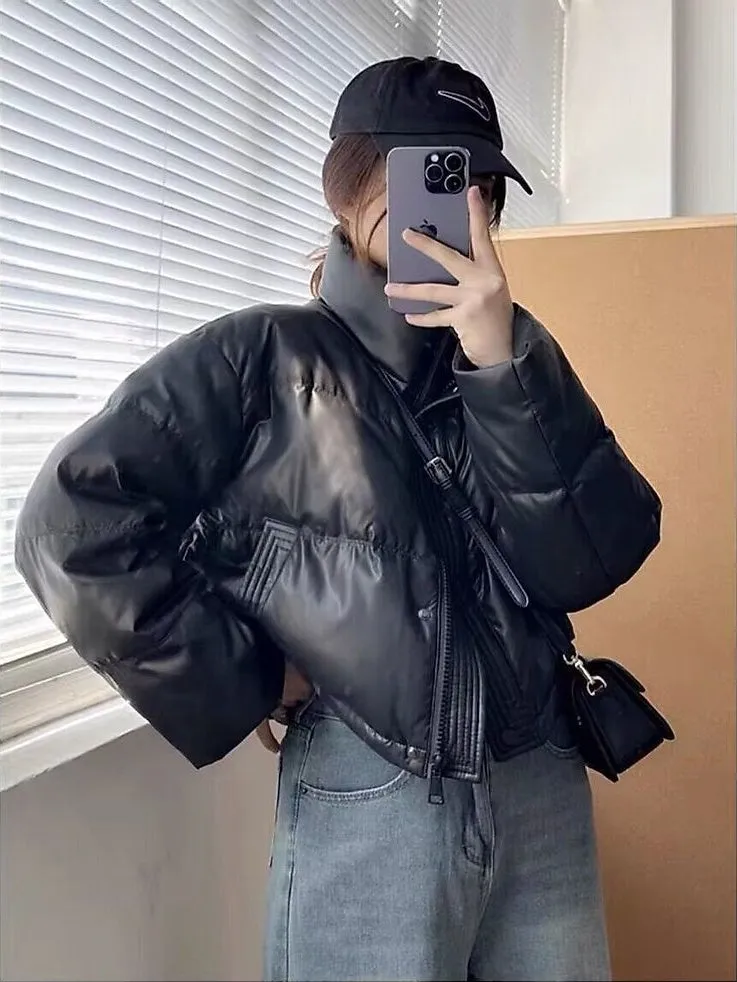 Cropped Solid Color Puffer Jacket with Elastic Band Cuff