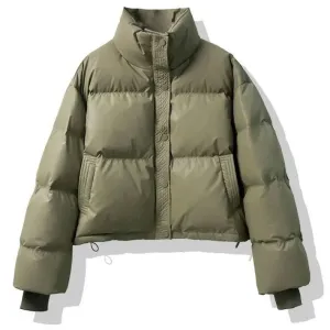 Cropped Solid Color Puffer Jacket with Elastic Band Cuff