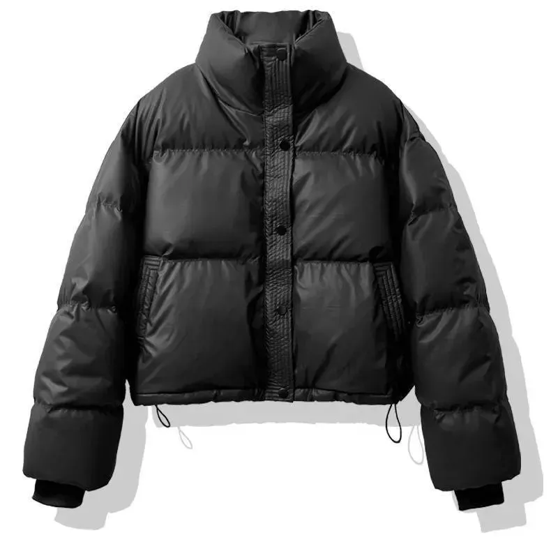 Cropped Solid Color Puffer Jacket with Elastic Band Cuff