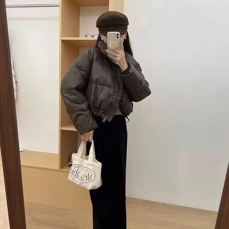Cropped Solid Color Puffer Jacket with Elastic Band Cuff