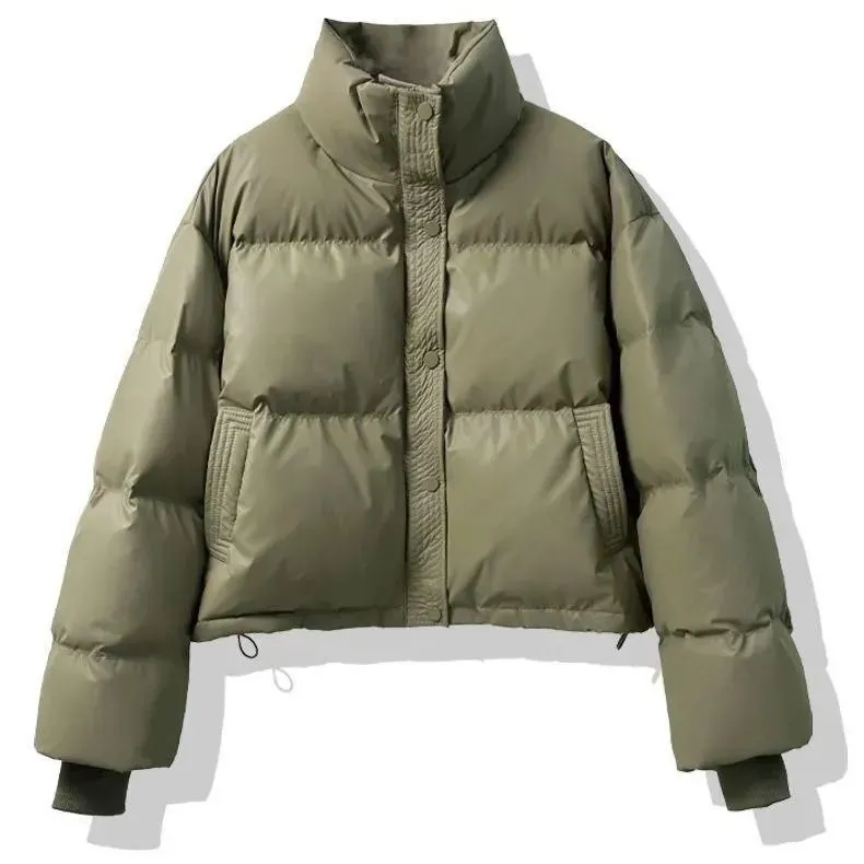 Cropped Solid Color Puffer Jacket with Elastic Band Cuff