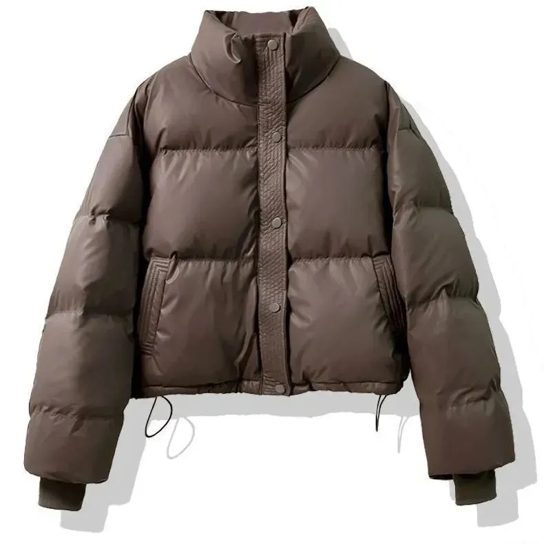 Cropped Solid Color Puffer Jacket with Elastic Band Cuff