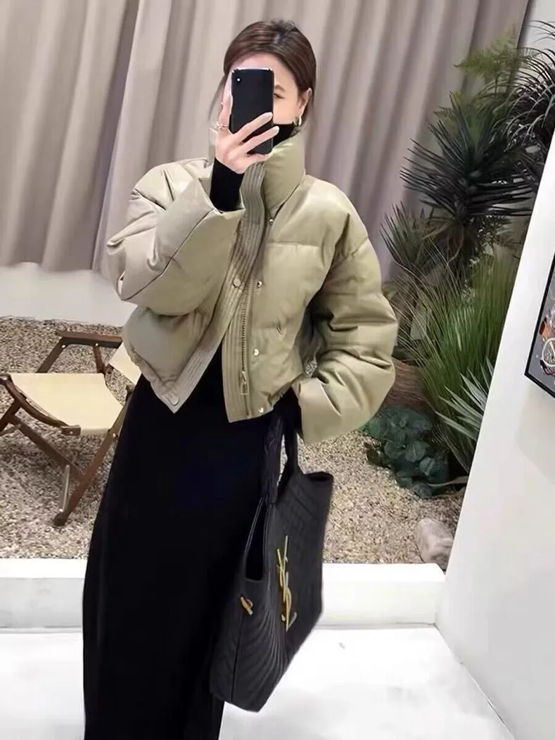 Cropped Solid Color Puffer Jacket with Elastic Band Cuff