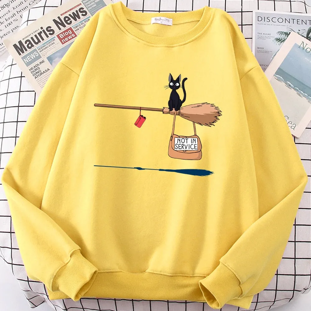 Cute Cat Not In Service Print Hoodies Women Casual Crewneck Sportswear Fleece Warm Fleece Sweatshirt Loose Hoody Autumn Clothes