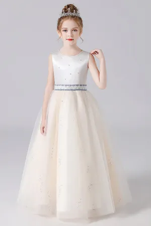 Cute Sleeveless Beading Tulle Floor Length Flower Girl Dresses