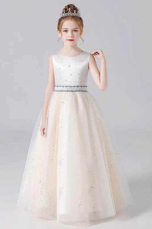 Cute Sleeveless Beading Tulle Floor Length Flower Girl Dresses