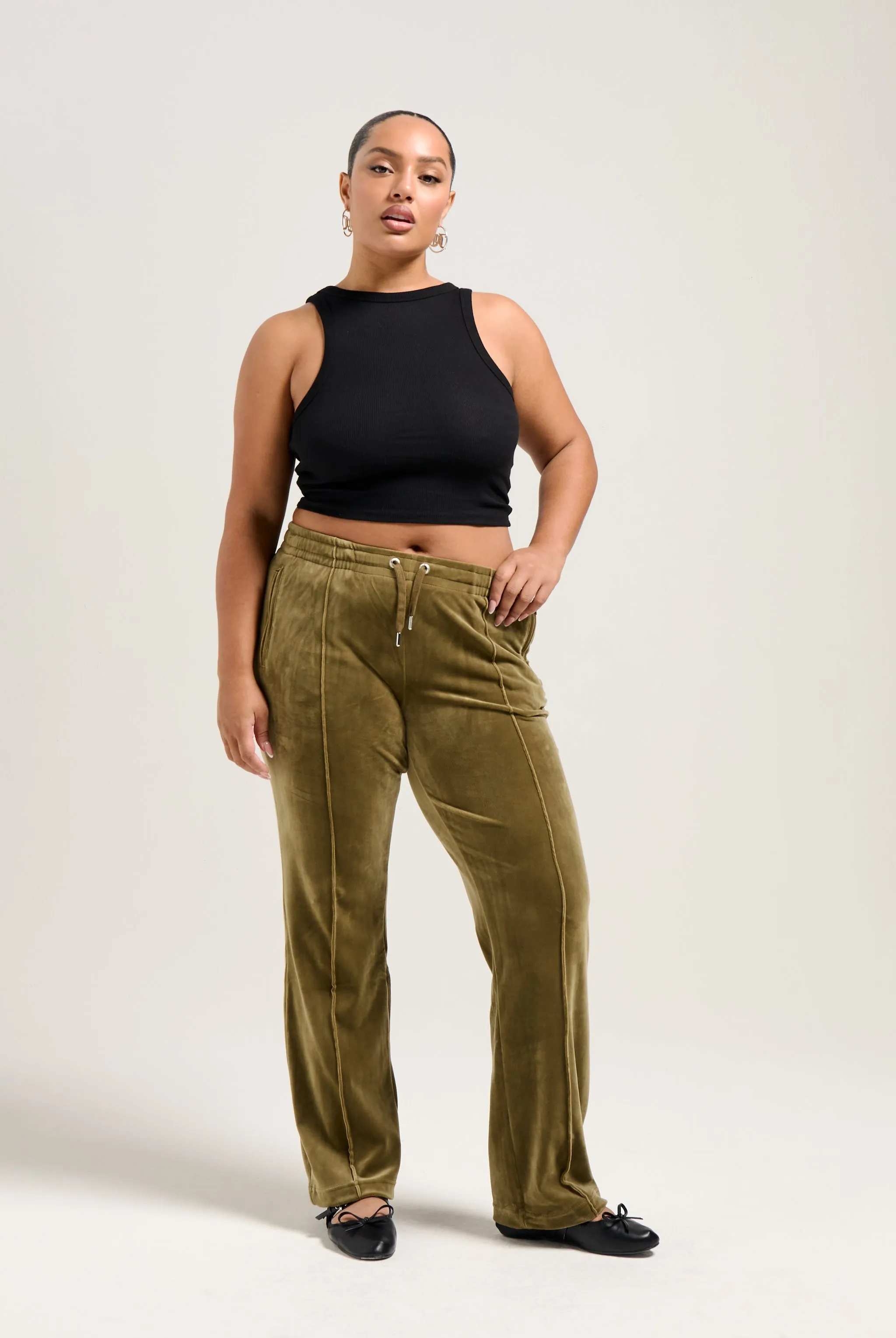 DARK OLIVE VELOUR DIAMANTÉ TRACKSUIT BOTTOM