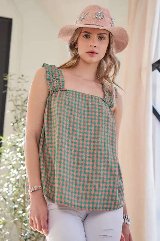Davi & Dani Lace Fabric Square Neck Shirred Straps Summer Top
