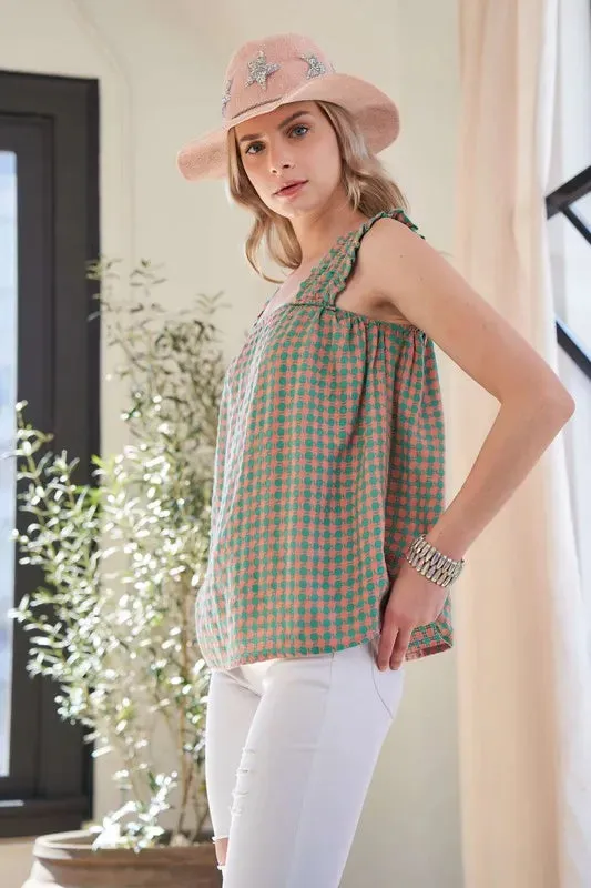 Davi & Dani Lace Fabric Square Neck Shirred Straps Summer Top