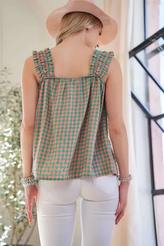 Davi & Dani Lace Fabric Square Neck Shirred Straps Summer Top