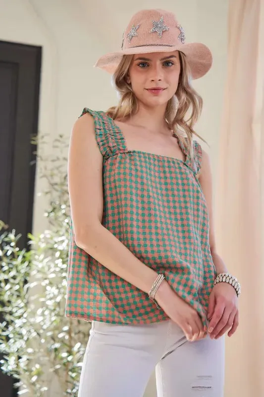 Davi & Dani Lace Fabric Square Neck Shirred Straps Summer Top