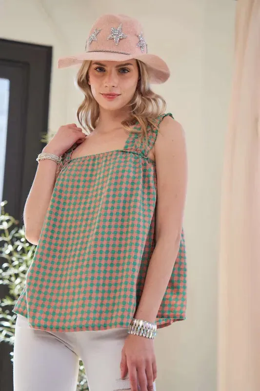 Davi & Dani Lace Fabric Square Neck Shirred Straps Summer Top