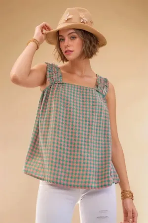 Davi & Dani Lace Fabric Square Neck Shirred Straps Summer Top